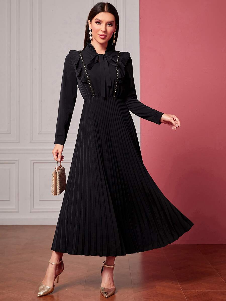 Modelyn Đầm viền lá sen Xù cườm đính Xếp li màu trơn Thanh lịch - màu đen - Xem 1