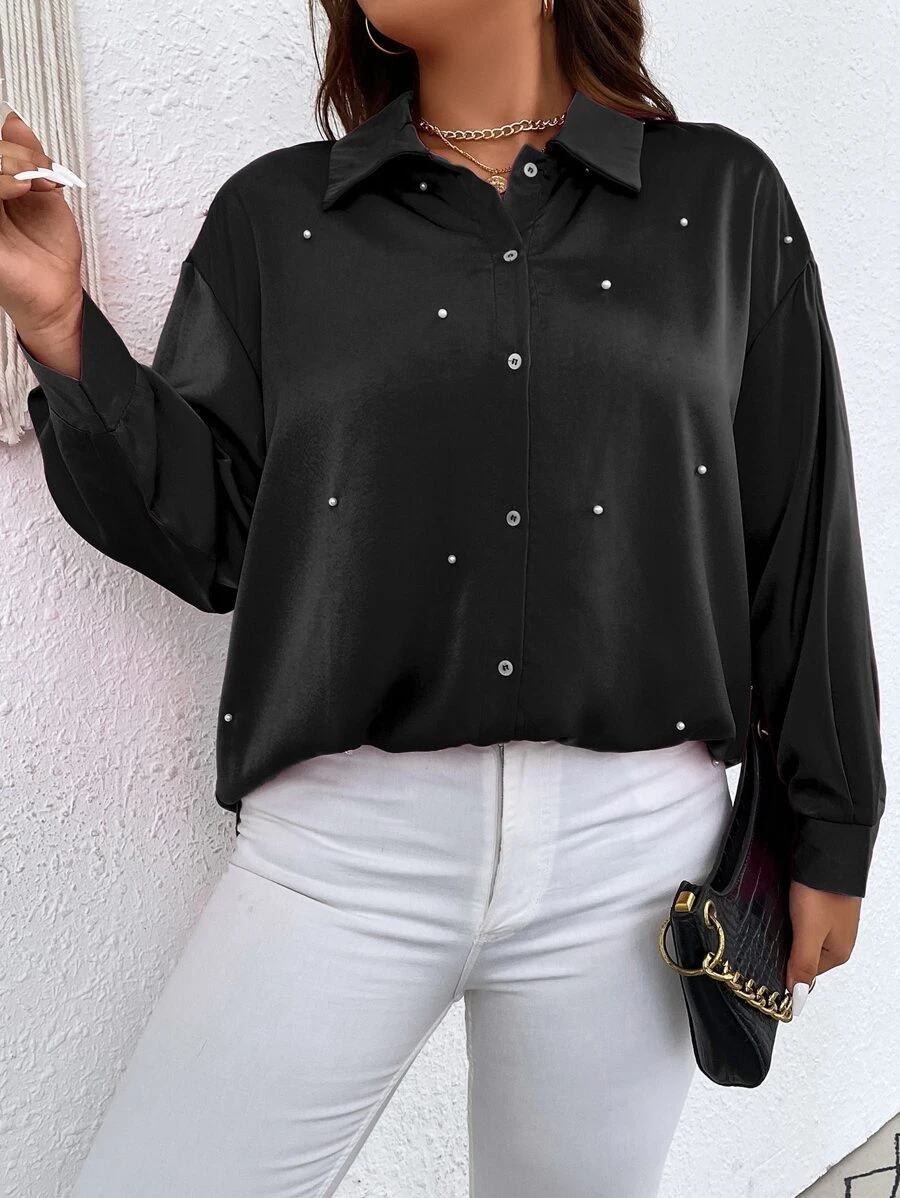 SHEIN Clasi Áo sơ mi Plus Size cườm đính Nút Ngọc trai màu trơn Thanh lịch - màu đen - Xem 1