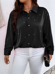 SHEIN Clasi Áo sơ mi Plus Size cườm đính Nút Ngọc trai màu trơn Thanh lịch - màu đen - Xem 3