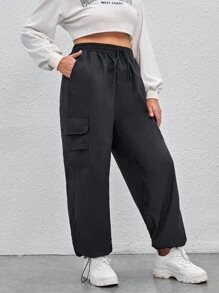 SHEIN EZwear 大碼翻蓋口袋抽繩工裝褲 - 深灰色 - 查看 2