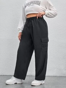 SHEIN EZwear 大碼翻蓋口袋抽繩工裝褲 - 深灰色 - 查看 1