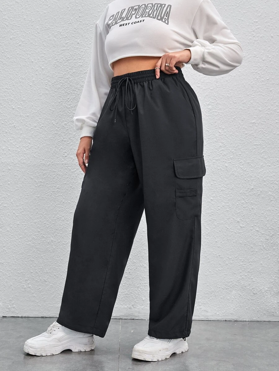 SHEIN EZwear 大碼翻蓋口袋抽繩工裝褲 - 深灰色 - 查看 1