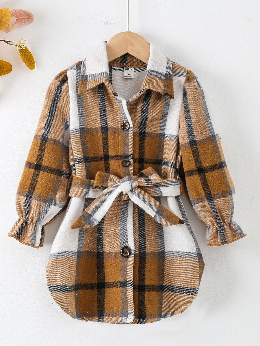 小女童格紋荷葉袖繫腰帶洋裝