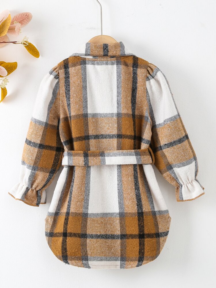 Toddler Girls Plaid Flounce Sleeve Belted Dress
