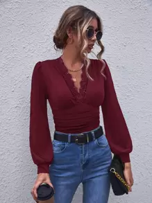 SHEIN Clasi Áo thun nữ Tương phản ren Nếp gấp Phần Ngực màu trơn Thanh lịch - Màu Đỏ Sâu - Xem 1