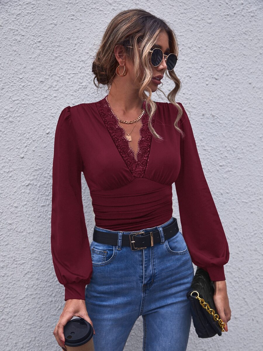 SHEIN Clasi Áo thun nữ Tương phản ren Nếp gấp Phần Ngực màu trơn Thanh lịch - Màu Đỏ Sâu - Xem 1