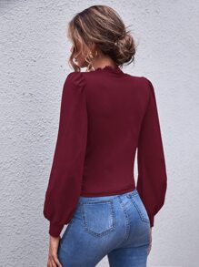 SHEIN Clasi Áo thun nữ Tương phản ren Nếp gấp Phần Ngực màu trơn Thanh lịch - Màu Đỏ Sâu - Xem 2