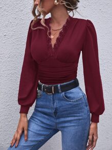 SHEIN Clasi Áo thun nữ Tương phản ren Nếp gấp Phần Ngực màu trơn Thanh lịch - Màu Đỏ Sâu - Xem 3