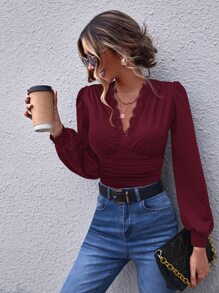 SHEIN Clasi Áo thun nữ Tương phản ren Nếp gấp Phần Ngực màu trơn Thanh lịch - Màu Đỏ Sâu - Xem 5