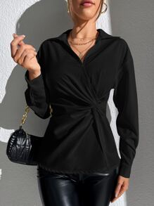 SHEIN Privé Solid Twist Front Shirt - Black - View 4