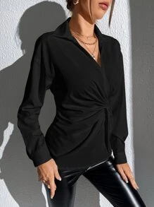 SHEIN Privé Solid Twist Front Shirt - Black - View 5