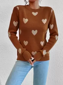 SHEIN Unity 心形图案针织套头毛衣，秋冬款 - 鏽棕色 - 查看 4
