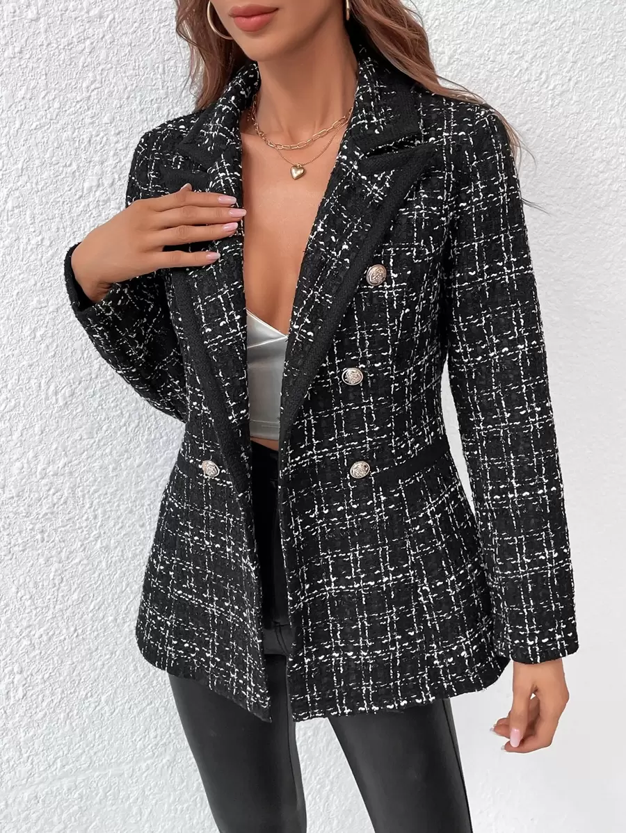 Chiquease Plaid Contrast Trim Double Breasted Tweed Overcoat - Black - View 1