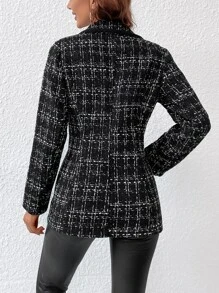 Chiquease Plaid Contrast Trim Double Breasted Tweed Overcoat - Black - View 2