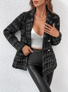 Chiquease Plaid Contrast Trim Double Breasted Tweed Overcoat - Black - View 4