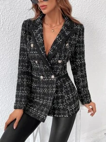 Chiquease Plaid Contrast Trim Double Breasted Tweed Overcoat - Black - View 5