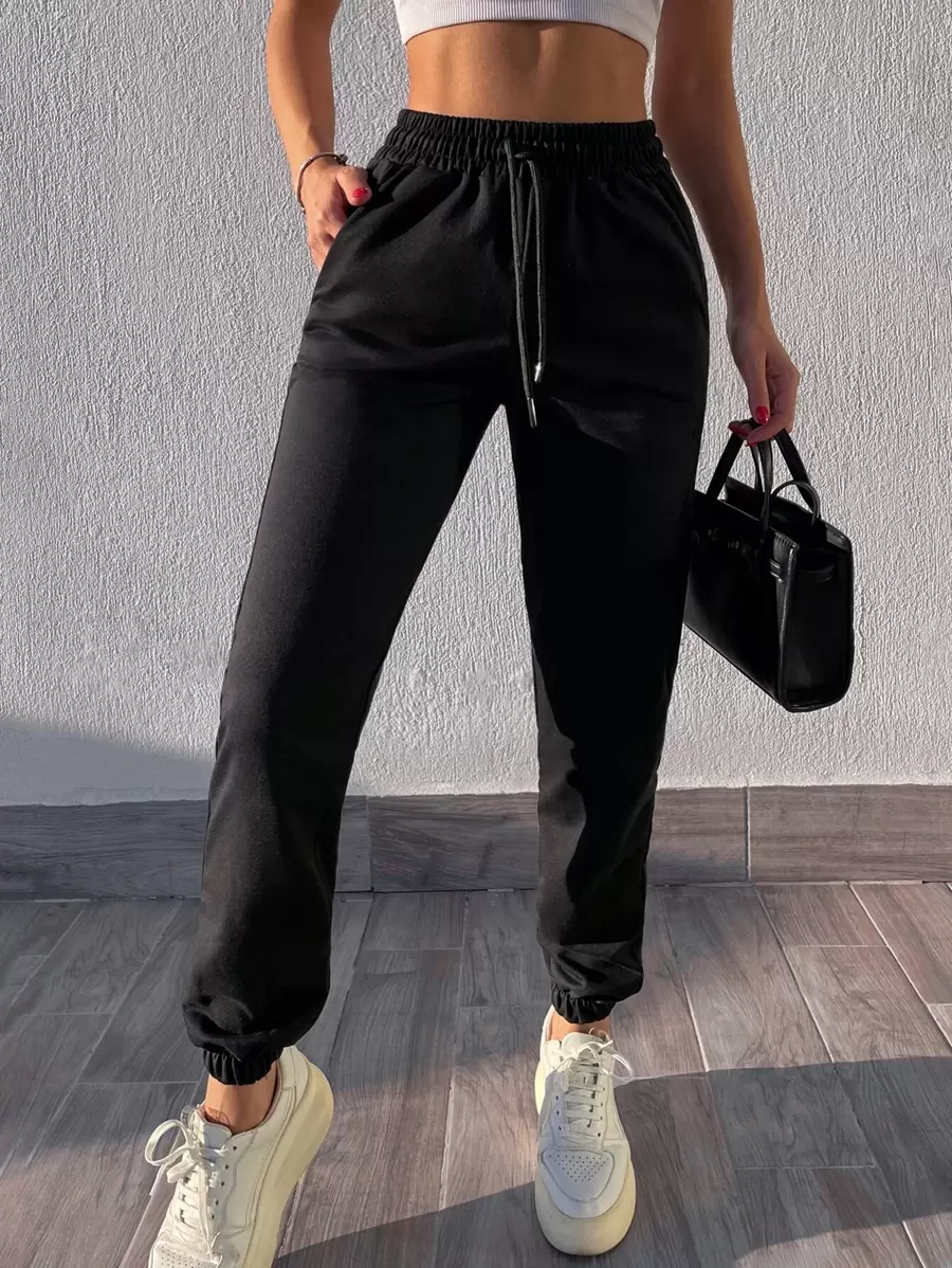 EURMUSE Solid Drawstring Waist Sweatpants - Black - View 1