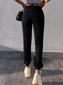 EURMUSE Solid Drawstring Waist Sweatpants - Black - View 2