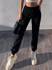 EURMUSE Solid Drawstring Waist Sweatpants - Black - View 3