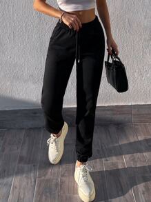 EURMUSE Solid Drawstring Waist Sweatpants - Black - View 5