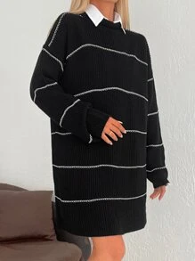 EURMUSE Striped Pattern Drop Shoulder Jumper Dress Without Belt - Black - View 3