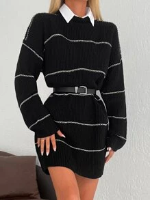 EURMUSE Striped Pattern Drop Shoulder Jumper Dress Without Belt - Black - View 4