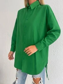 EURMUSE 補丁貼口袋落肩袖襯衫 - 綠色 - 查看 3