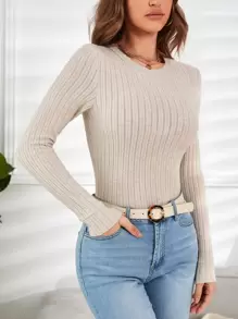SHEIN Essnce Solid Rib-knit Tee - Apricot - View 1