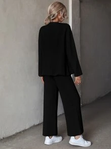 SHEIN Essnce Cárdigan de hombros caídos & Pantalones tejido de canalé - Negro - Ver 2