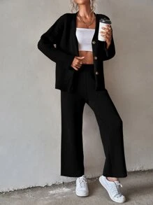 SHEIN Essnce Cárdigan de hombros caídos & Pantalones tejido de canalé - Negro - Ver 6