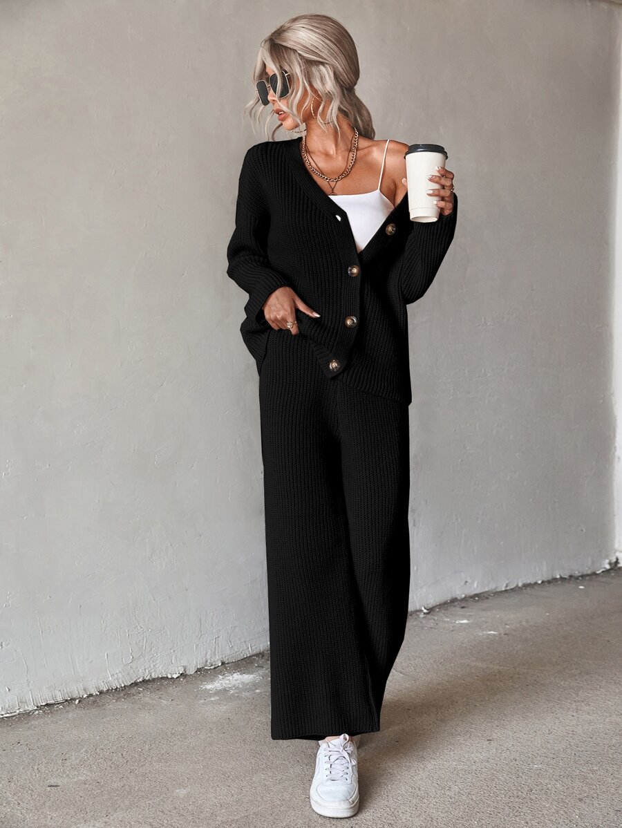 SHEIN Essnce Cárdigan de hombros caídos & Pantalones tejido de canalé - Negro - Ver 1