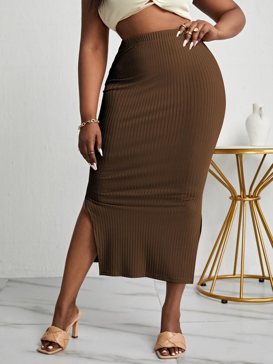 SHEIN Clasi Váy Plus Size Chia Gân đan màu trơn Thanh lịch - Cà phê nâu - Xem 1