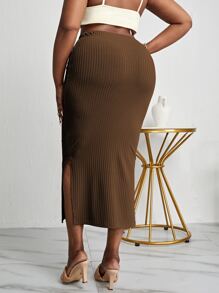 SHEIN Clasi Váy Plus Size Chia Gân đan màu trơn Thanh lịch - Cà phê nâu - Xem 2