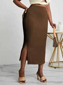 SHEIN Clasi Váy Plus Size Chia Gân đan màu trơn Thanh lịch - Cà phê nâu - Xem 5