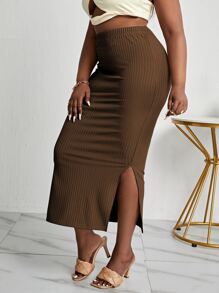 SHEIN Clasi Váy Plus Size Chia Gân đan màu trơn Thanh lịch - Cà phê nâu - Xem 3