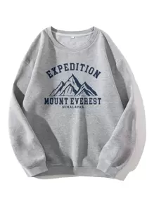SHEIN EZwear Plus Mountain & Letter Graphic Thermal Pullover - Light Grey - View 1