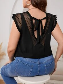 SHEIN Frenchy Plus Tie Backless Contrast Mesh Scallop Blouse - Black - View 1