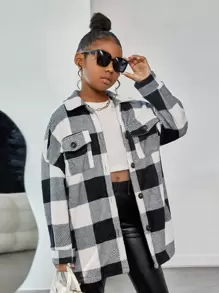 SHEIN 少女款水牛格紋蓋袋口落肩熊毛外套