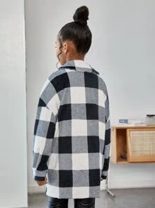 SHEIN 少女款水牛格紋蓋袋口落肩熊毛外套