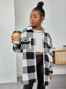 SHEIN 少女款水牛格紋蓋袋口落肩熊毛外套