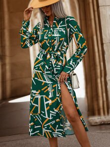 SHEIN LUNE Geo Print Belted Shirt Dress - Green - View 1