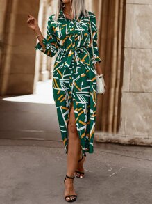 SHEIN LUNE Geo Print Belted Shirt Dress - Green - View 3