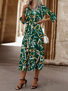 SHEIN LUNE Geo Print Belted Shirt Dress - Green - View 4