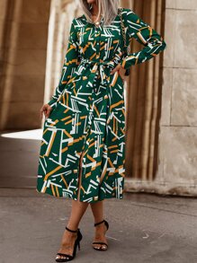 SHEIN LUNE Geo Print Belted Shirt Dress - Green - View 5