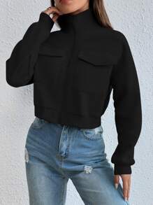 EMERY ROSE 拉链翻盖口袋运动衫，长袖上衣 - 黑色 - 查看 6