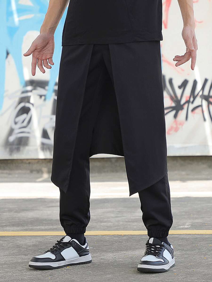 Manfinity EMRG 男士寬鬆實色疊穿裙褲 - 黑色 - 查看 1