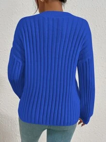 SHEIN Frenchy Drop Shoulder Ribbed Knit Jumper - Royal Blue - View 2