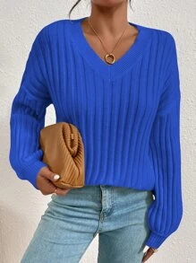 SHEIN Frenchy Drop Shoulder Ribbed Knit Jumper - Royal Blue - View 4