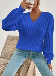 SHEIN Frenchy Drop Shoulder Ribbed Knit Jumper - Royal Blue - View 1