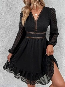 SHEIN Clasi Vestido de manga farol bajo con fruncido de malla - Negro - Ver 3